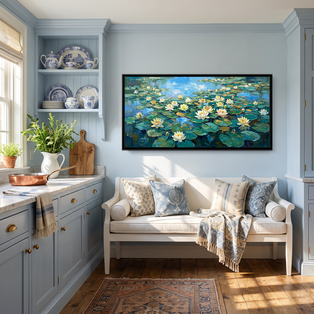 Water Lilies at Noon - canvas art shown in a second room setting