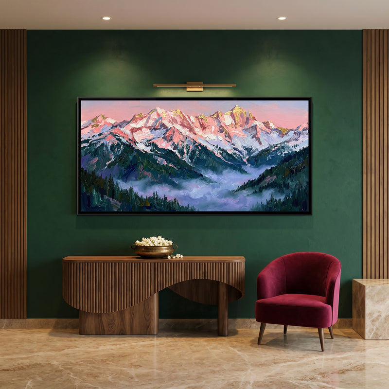 Snow Ridge at First Light - canvas art shown in a styled room