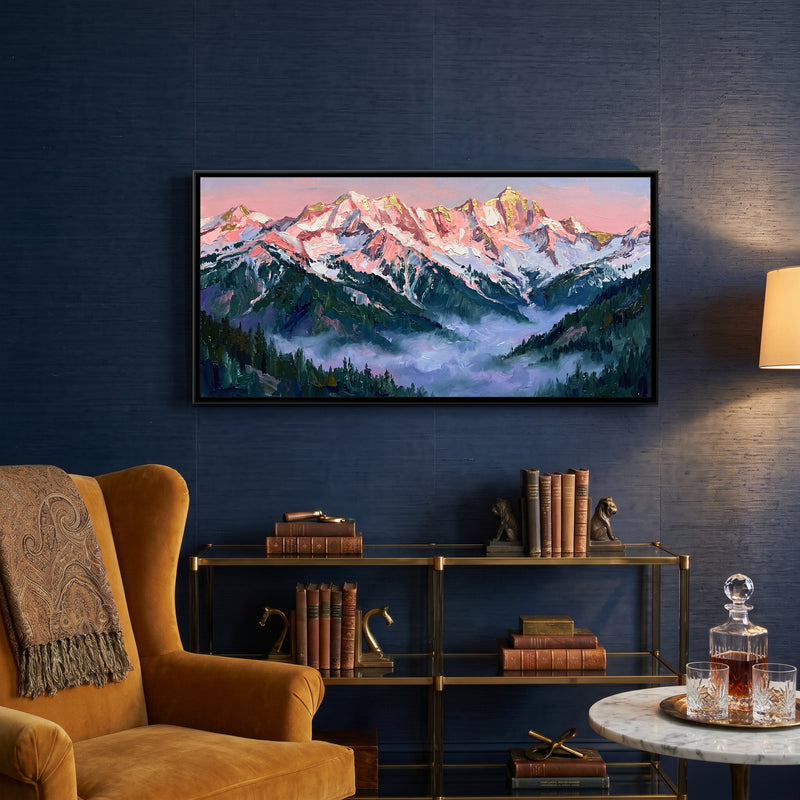 Snow Ridge at First Light - canvas art shown in a second room setting