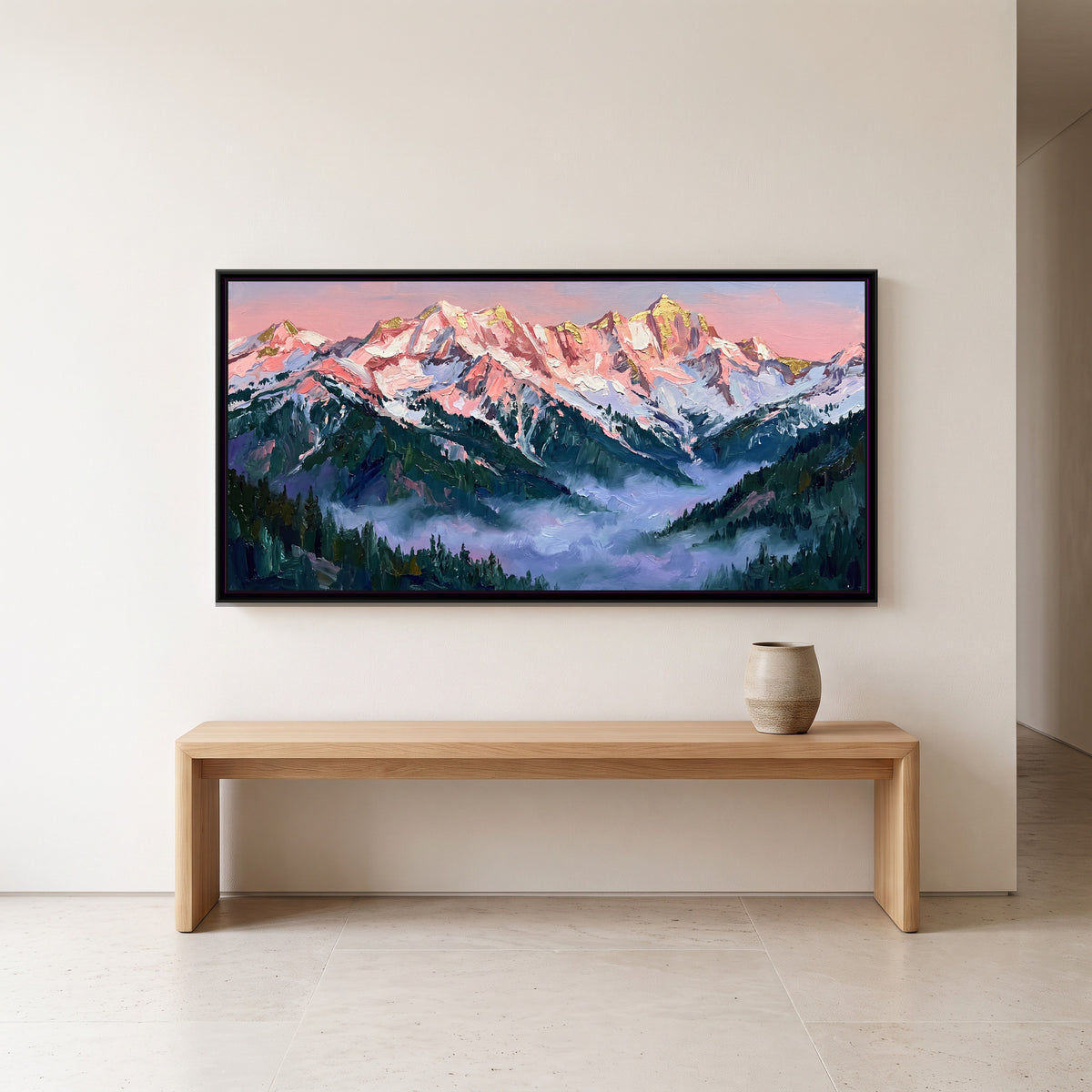 Snow Ridge at First Light - canvas art shown in a second room setting