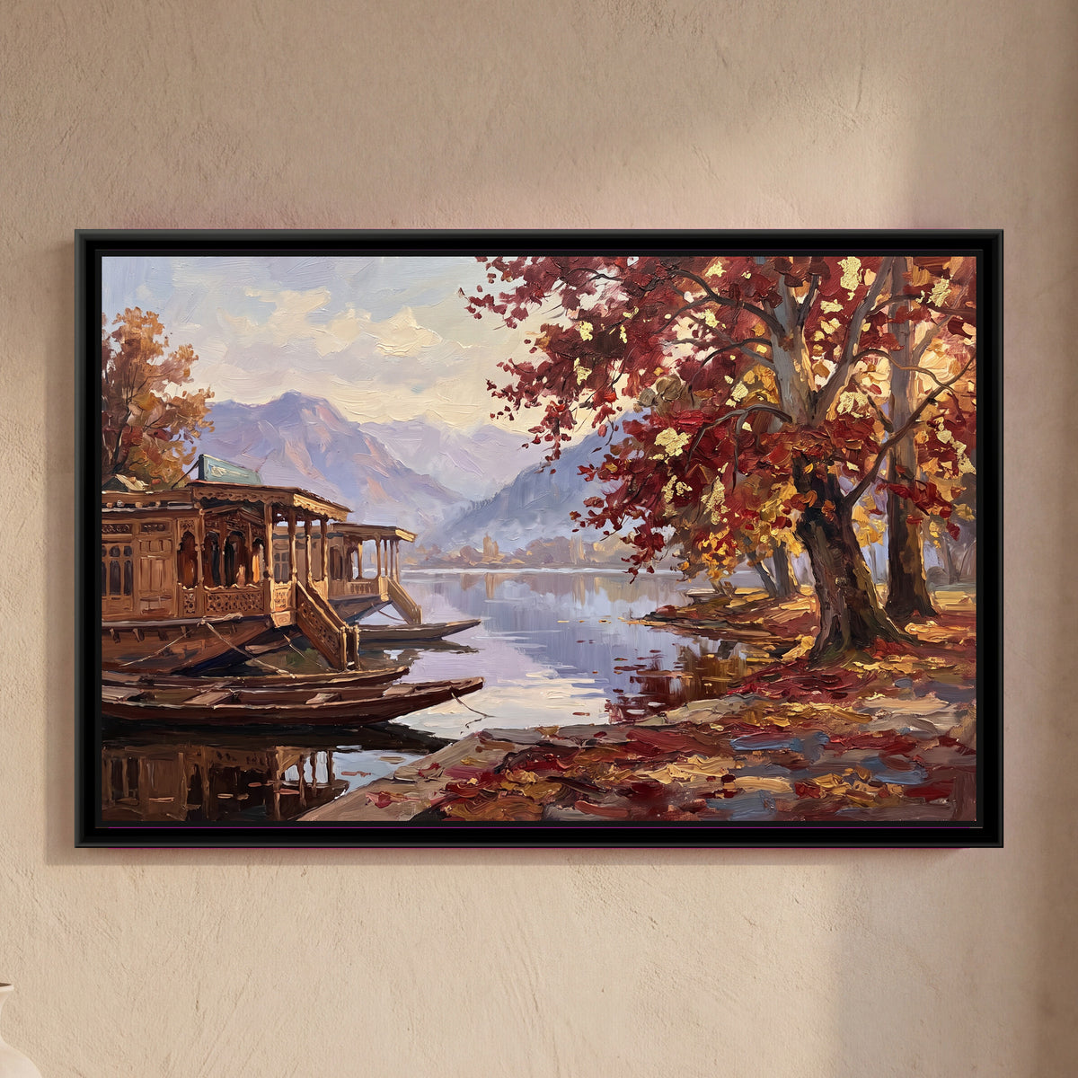 Houseboat Lake in Autumn - framed canvas art hung on a wall