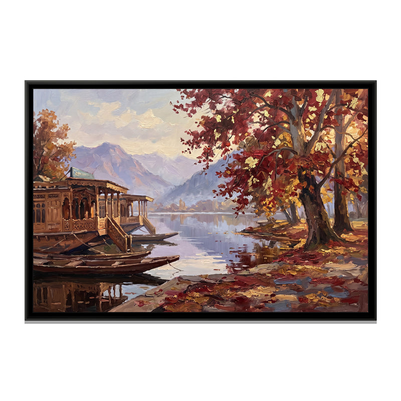 Houseboat Lake in Autumn - framed canvas print, front view