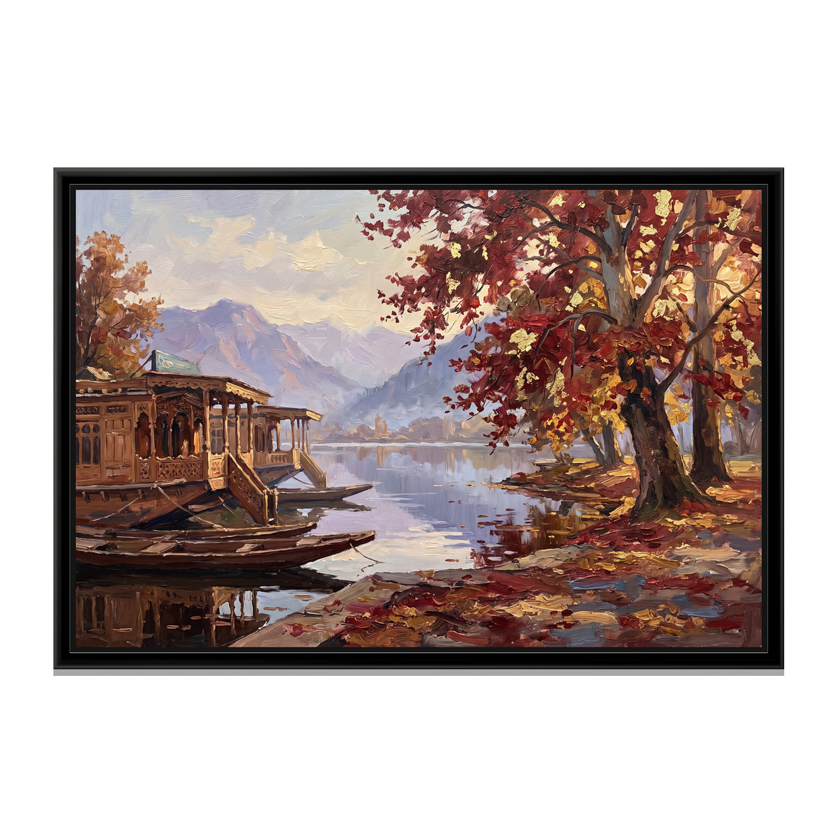 Houseboat Lake in Autumn - framed canvas print, front view