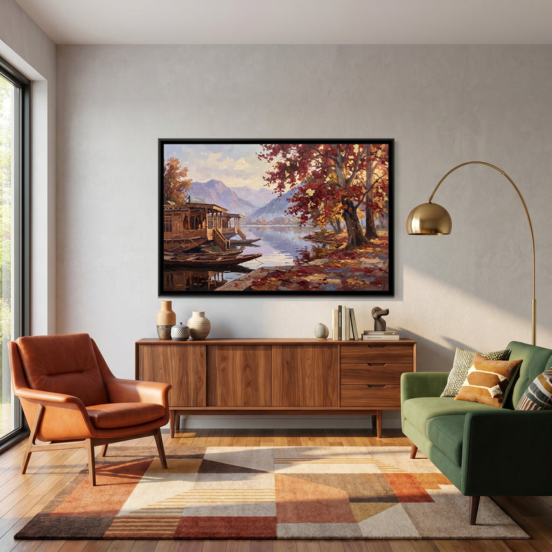Houseboat Lake in Autumn - canvas art shown in a styled room