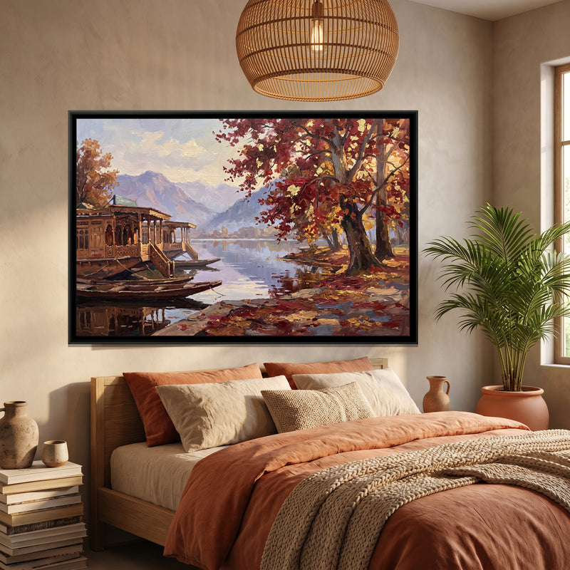 Houseboat Lake in Autumn - canvas art shown in a second room setting