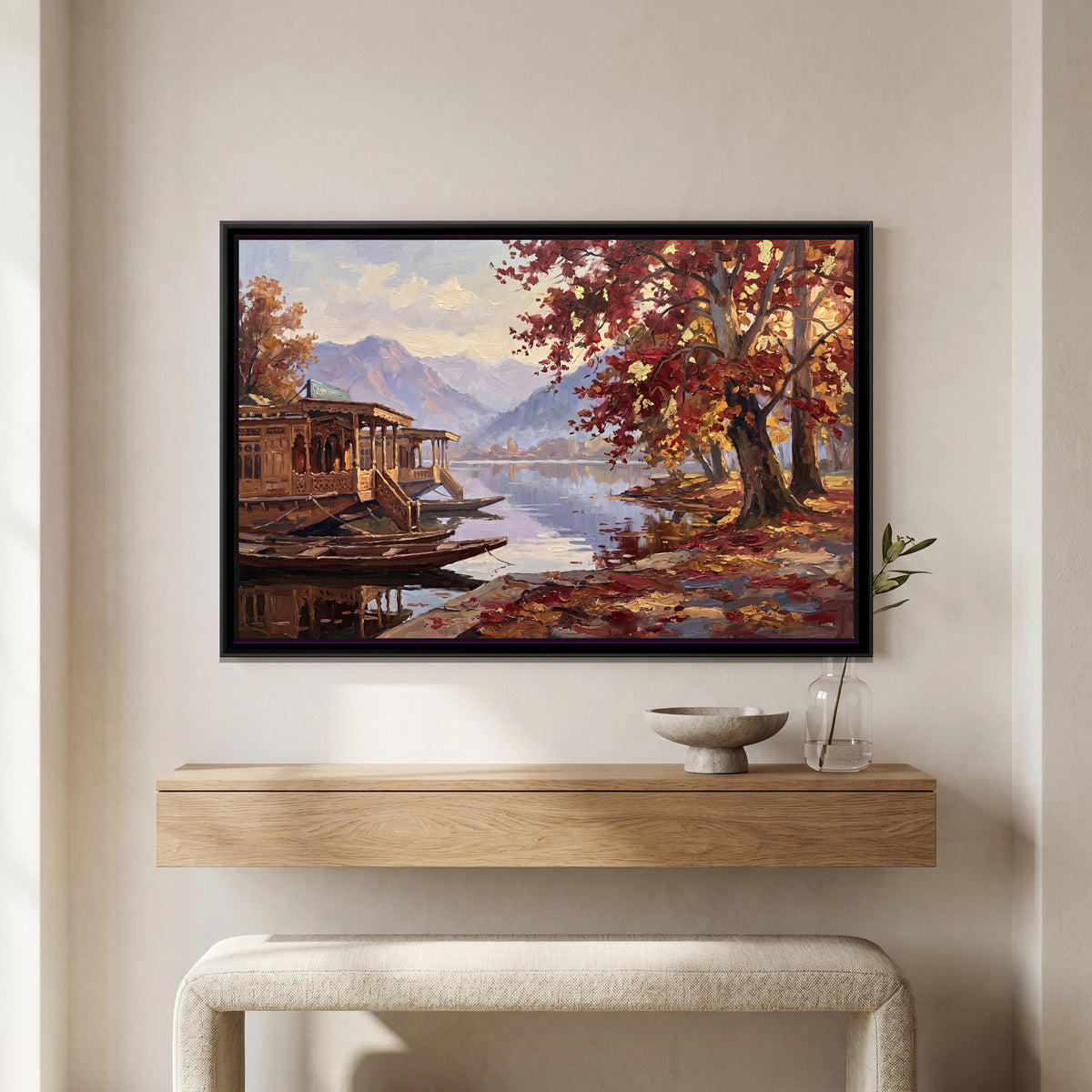 Houseboat Lake in Autumn - canvas art shown in a second room setting