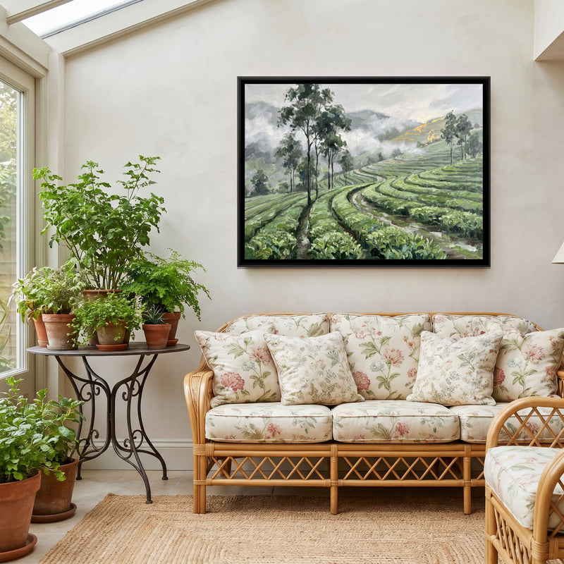 Tea Garden Hills after Rain - canvas art shown in a styled room
