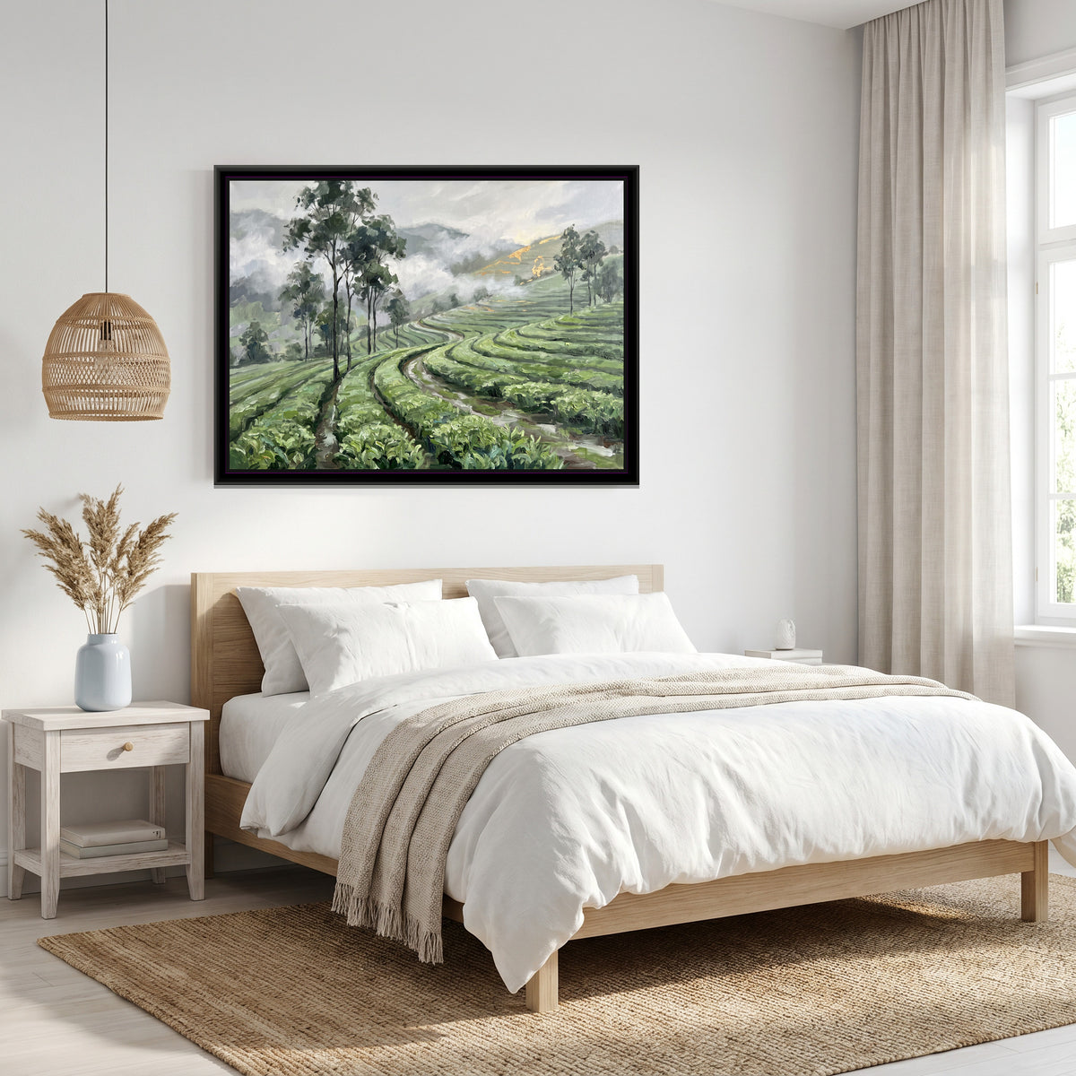 Tea Garden Hills after Rain - canvas art shown in a styled room