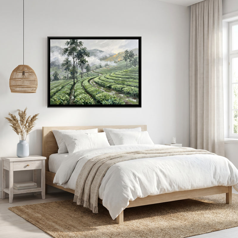 Tea Garden Hills after Rain - canvas art shown in a second room setting