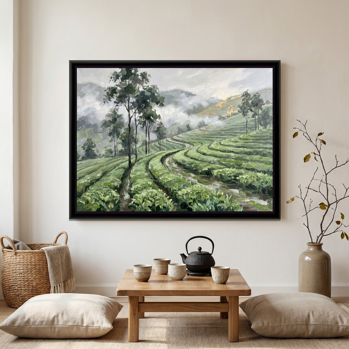Tea Garden Hills after Rain - canvas art shown in a second room setting