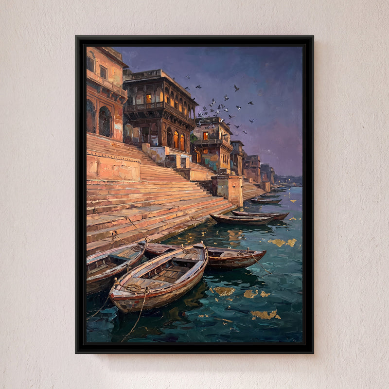 Stone Ghat Steps at Dusk - framed canvas art hung on a wall