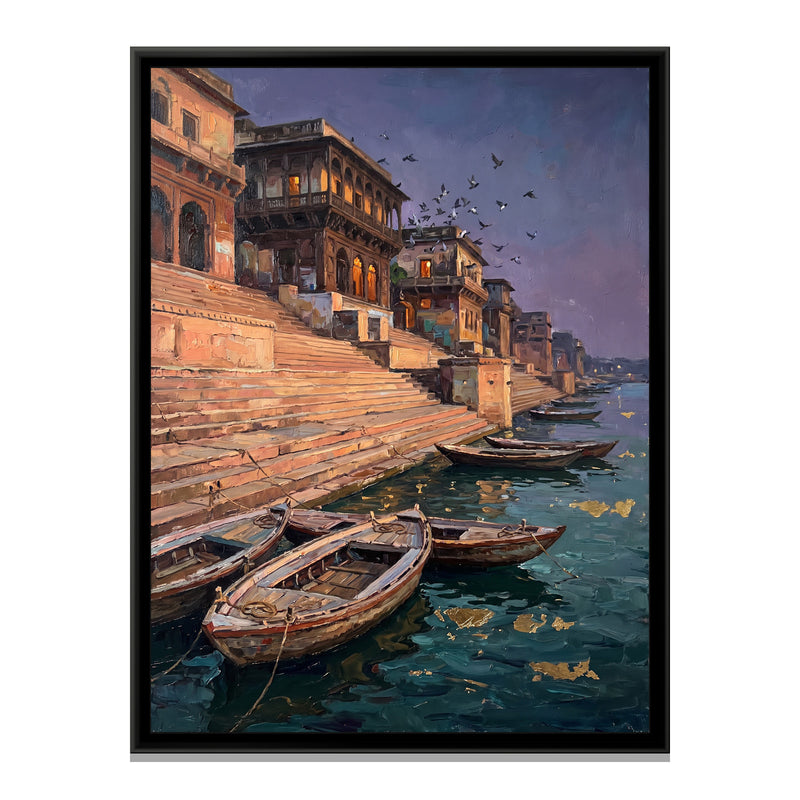 Stone Ghat Steps at Dusk - framed canvas print, front view