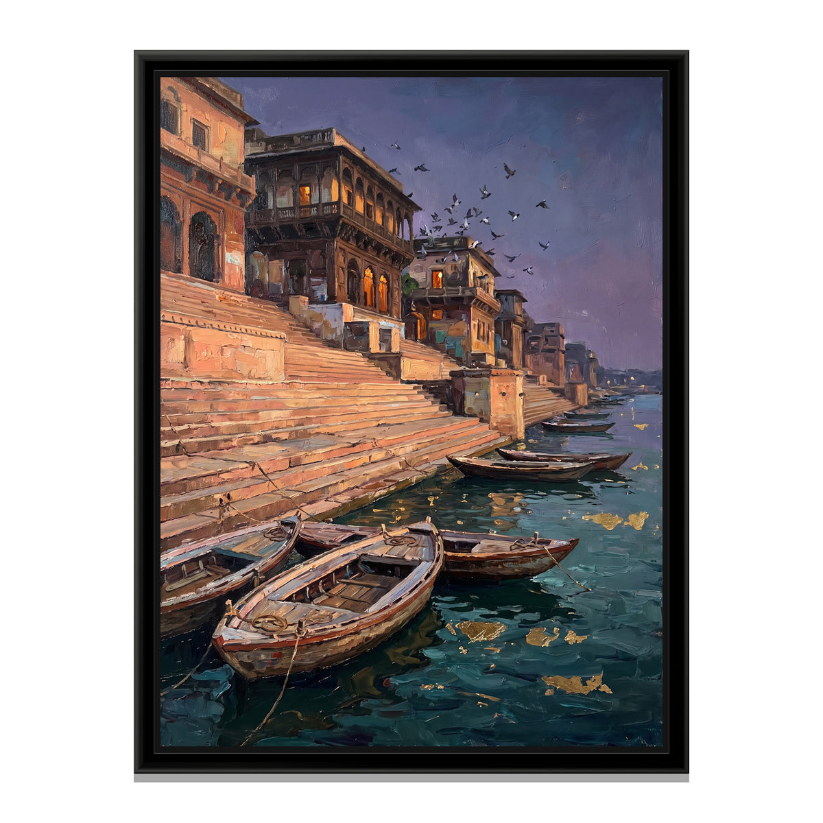 Stone Ghat Steps at Dusk - framed canvas print, front view