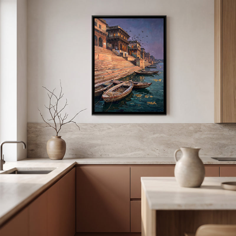 Stone Ghat Steps at Dusk - canvas art shown in a styled room