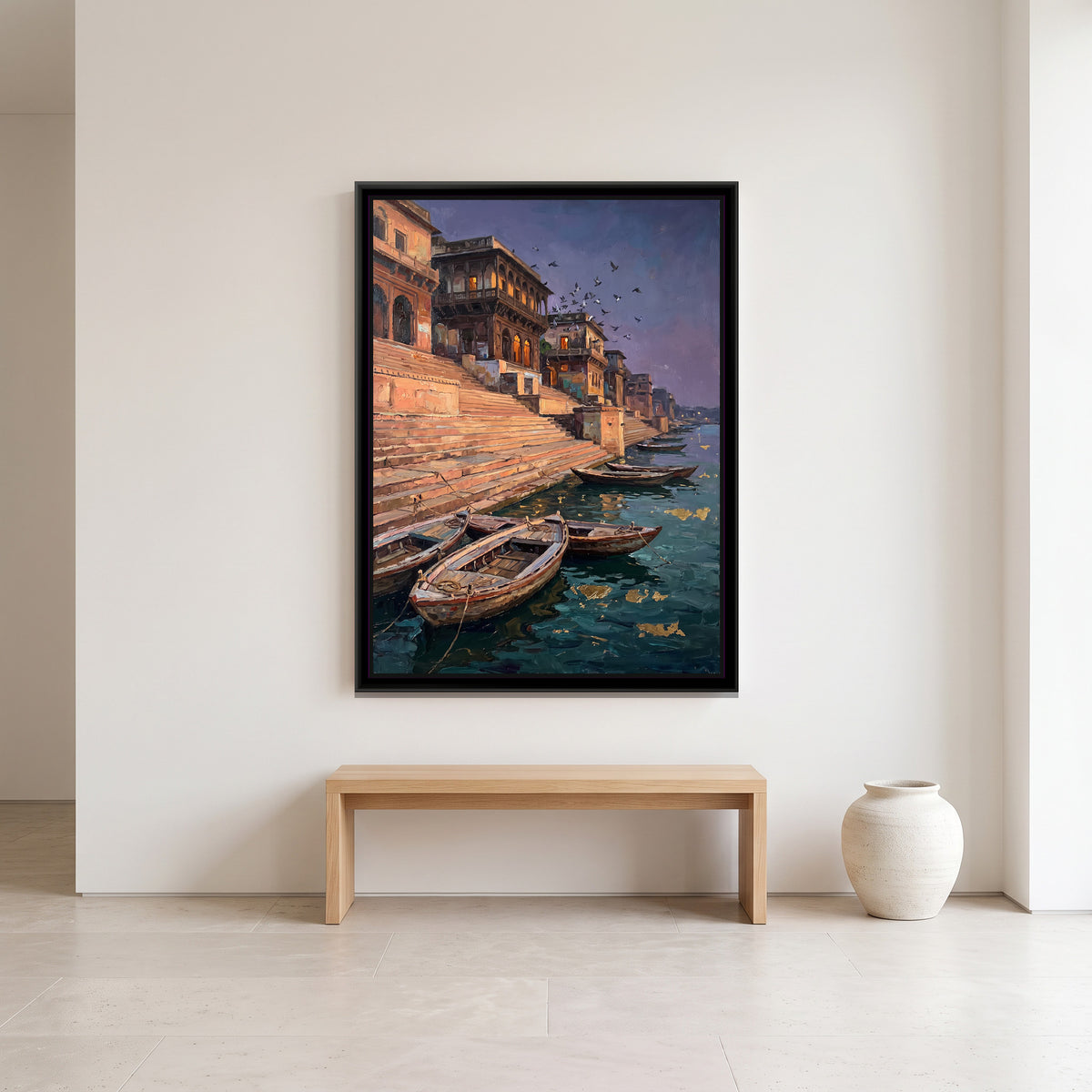 Stone Ghat Steps at Dusk - canvas art shown in a styled room