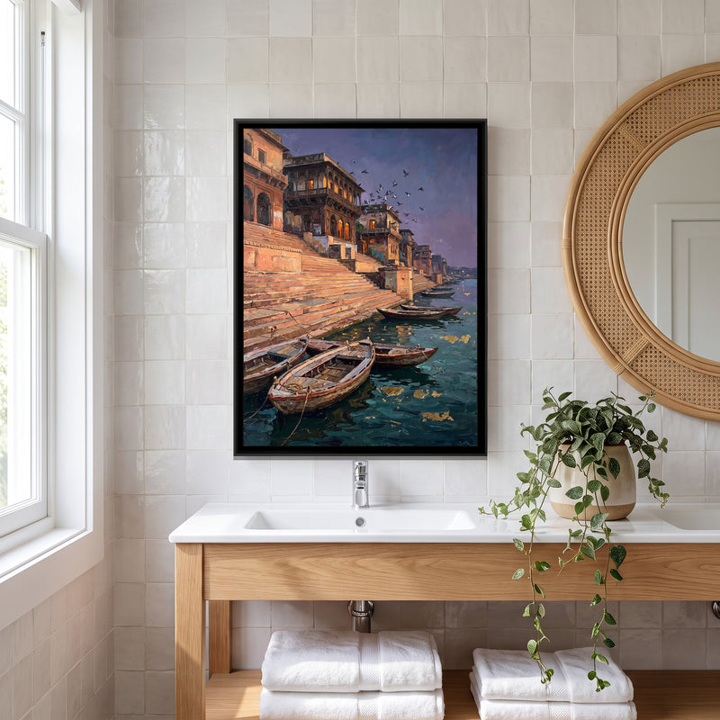 Stone Ghat Steps at Dusk - canvas art shown in a second room setting