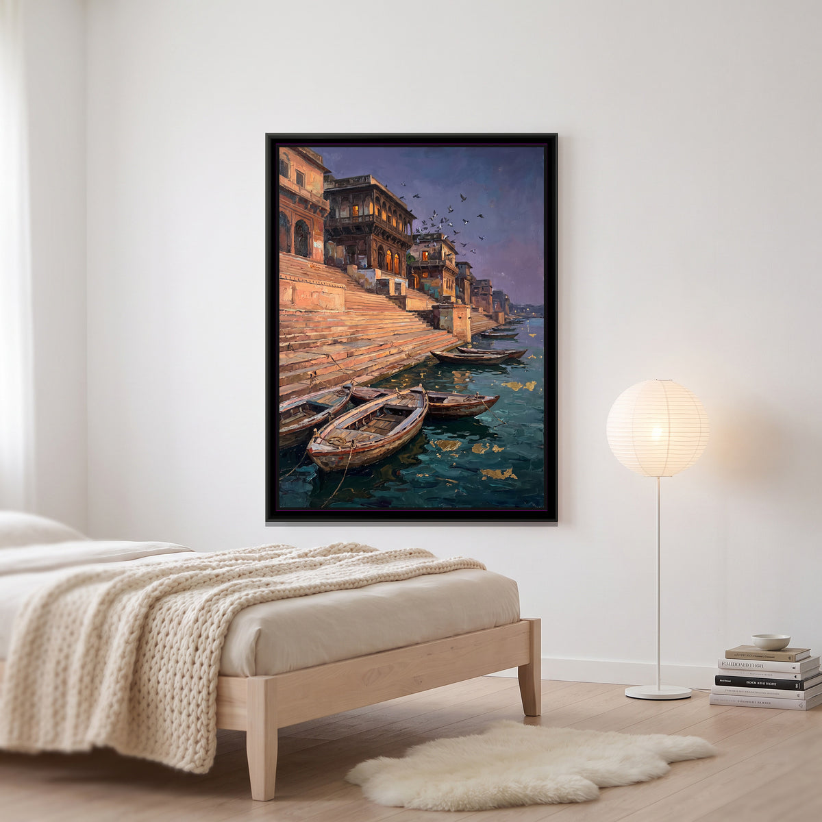 Stone Ghat Steps at Dusk - canvas art shown in a second room setting