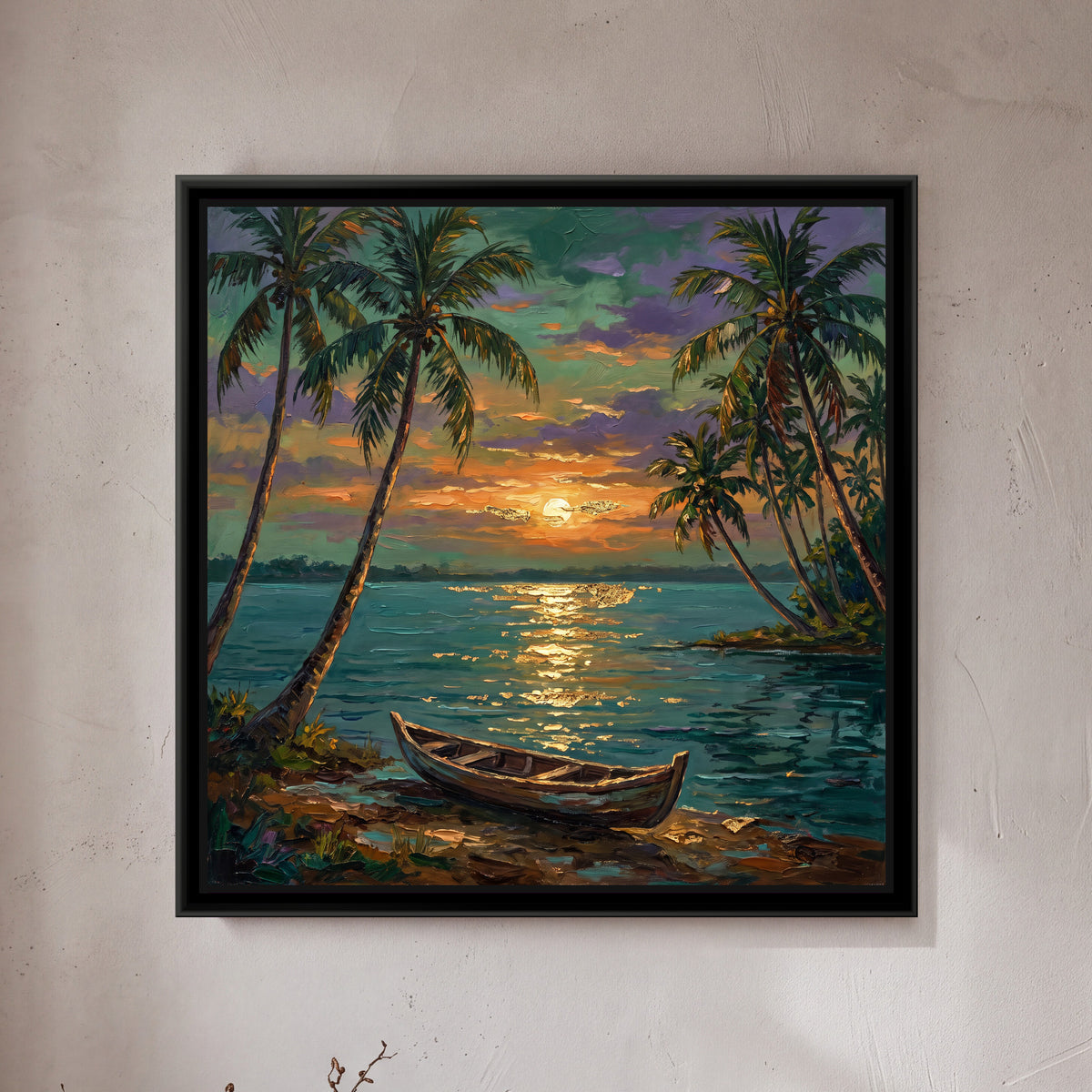 Backwater Palms at Sunset - framed canvas art hung on a wall