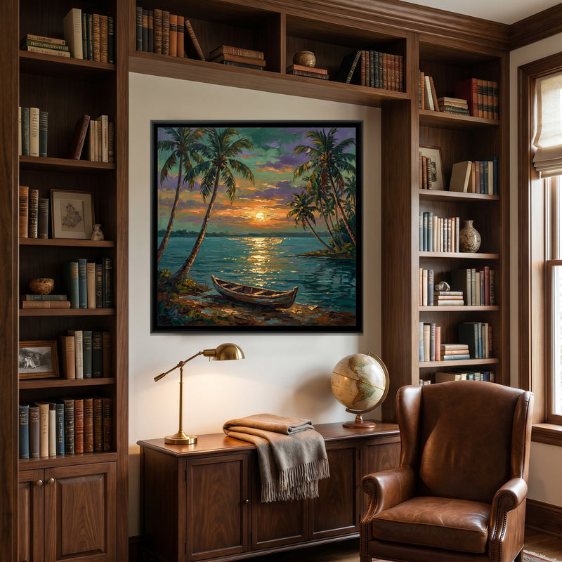 Backwater Palms at Sunset - canvas art shown in a styled room