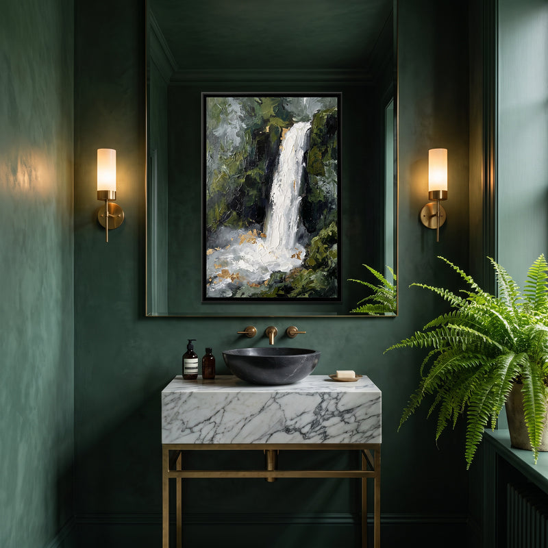 Monsoon Waterfall in the Green Hills - canvas art shown in a second room setting