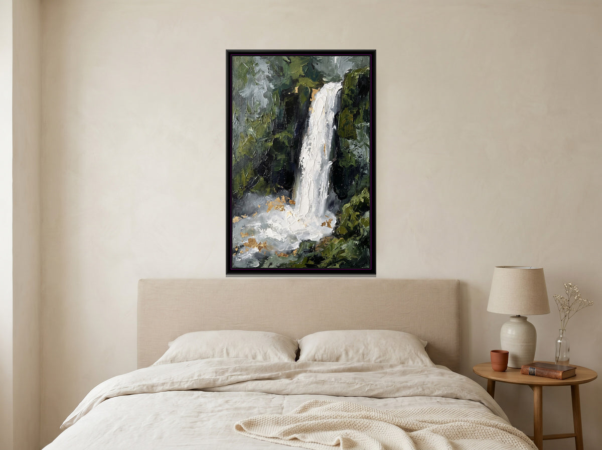 Monsoon Waterfall in the Green Hills - canvas art shown in a second room setting