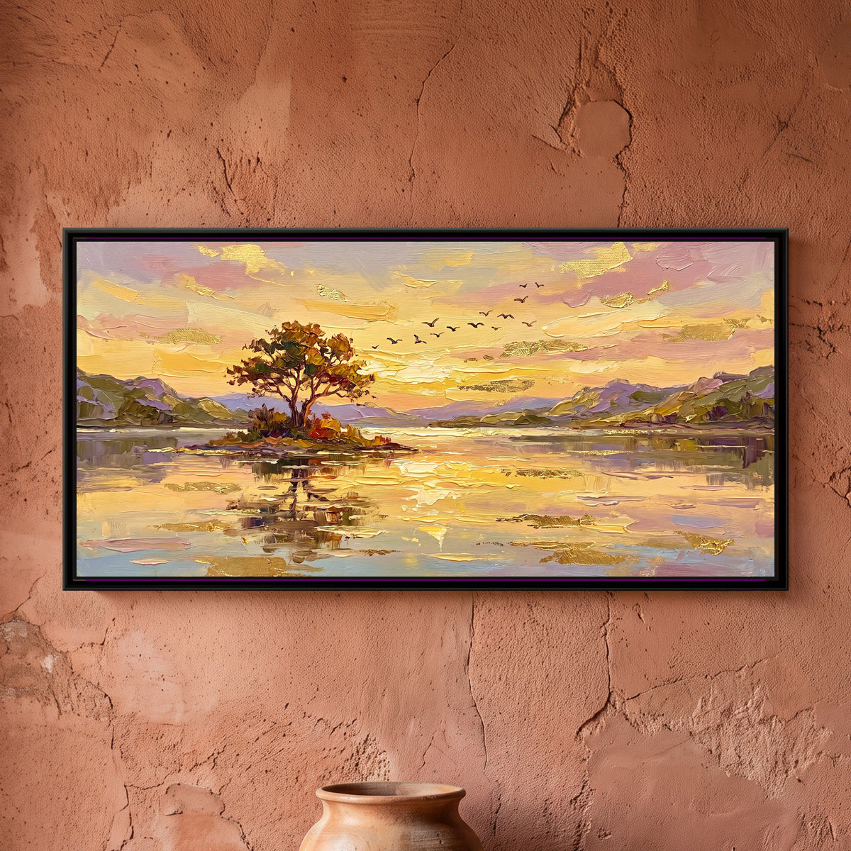 Hill Lake at Golden Hour - framed canvas art hung on a wall