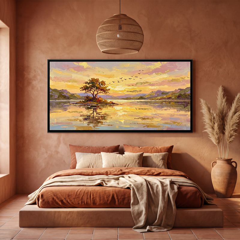 Hill Lake at Golden Hour - canvas art shown in a styled room
