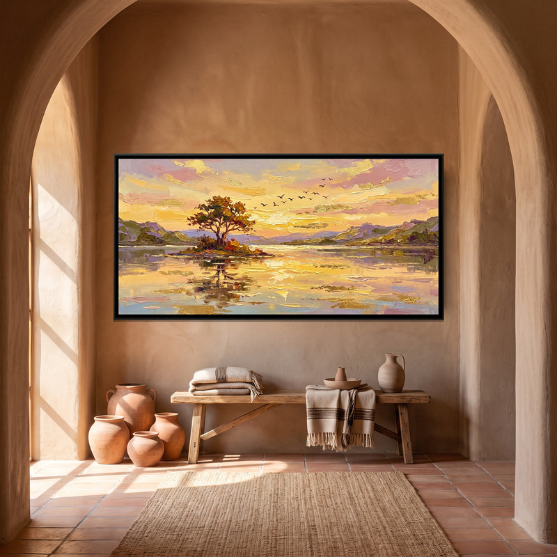 Hill Lake at Golden Hour - canvas art shown in a second room setting