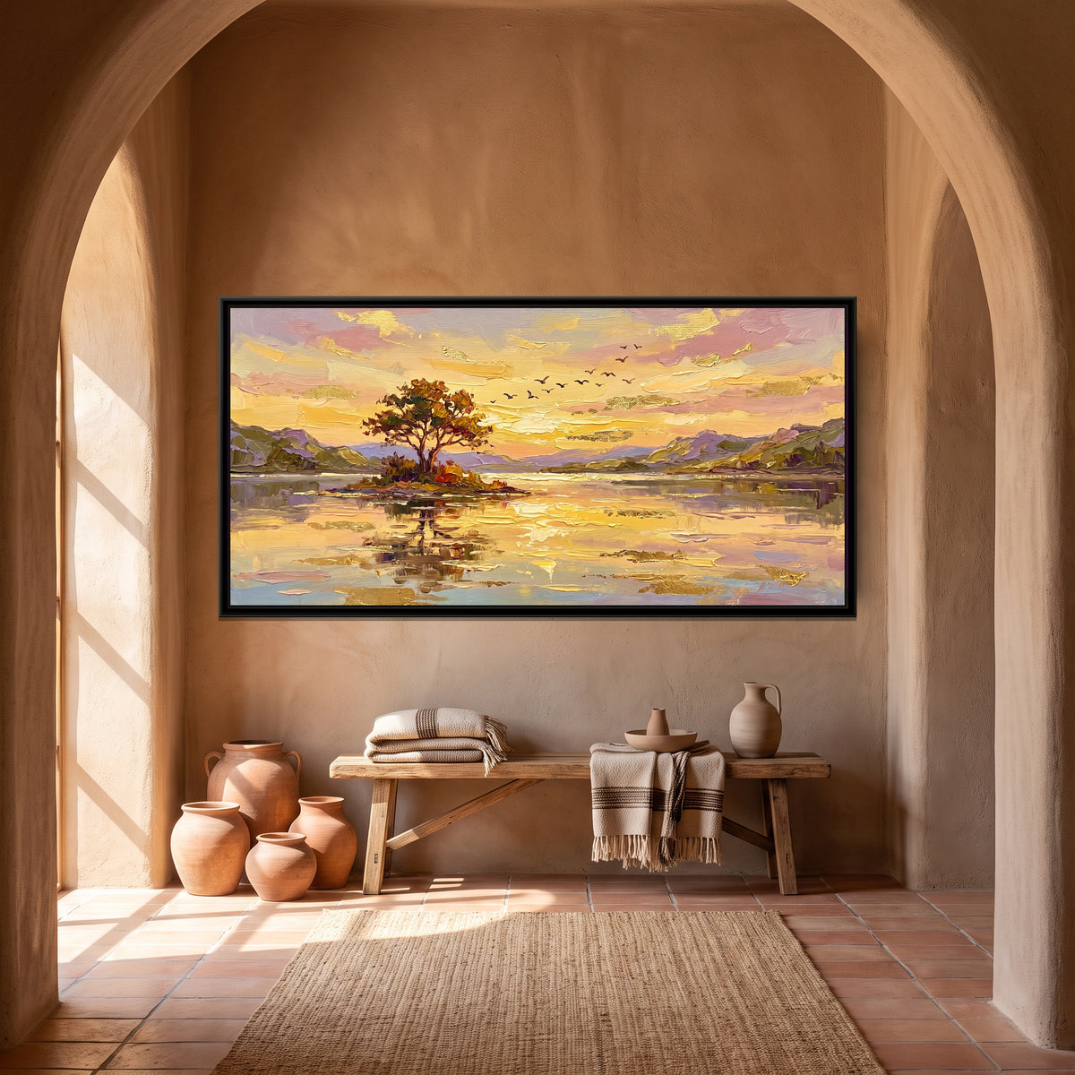Hill Lake at Golden Hour - canvas art shown in a second room setting