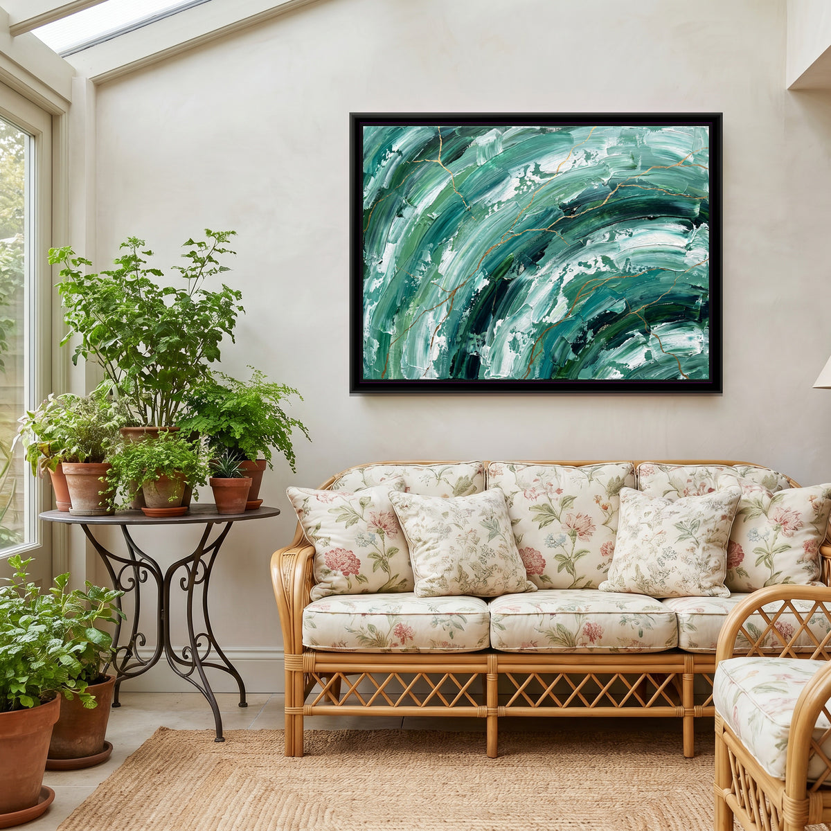 Emerald Tide - canvas art shown in a styled room