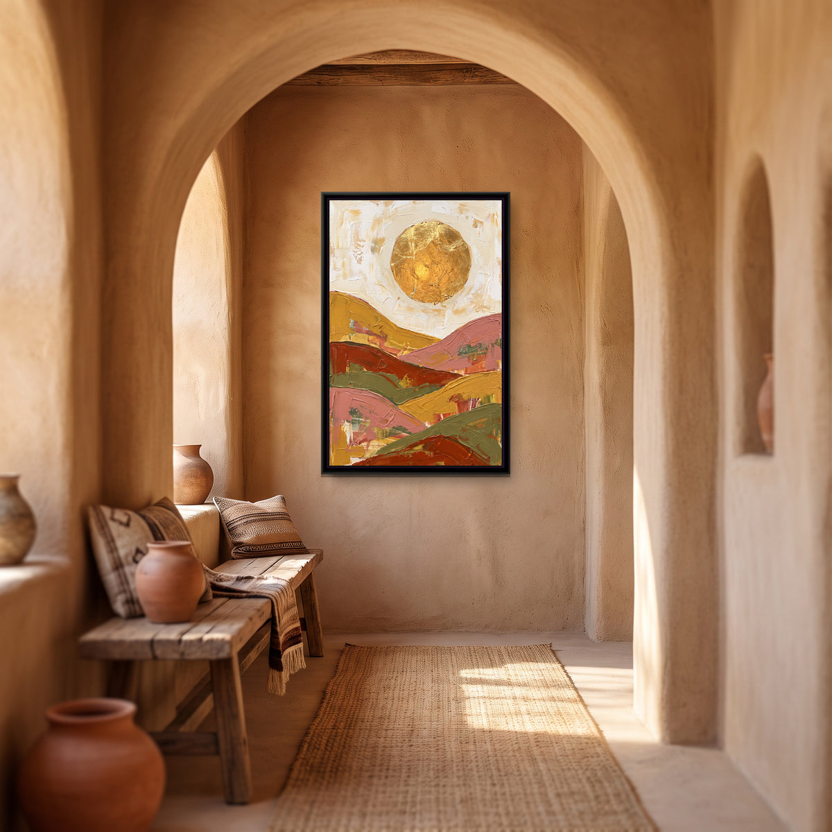 Ochre Sun over Layered Hills - canvas art shown in a styled room