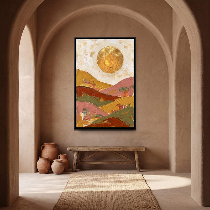 Ochre Sun over Layered Hills - canvas art shown in a second room setting