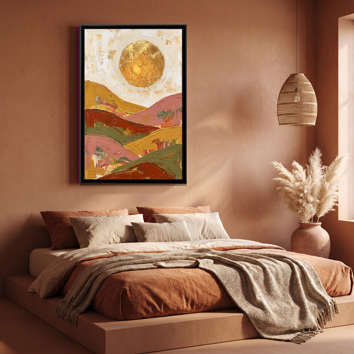 Ochre Sun over Layered Hills - canvas art shown in a second room setting