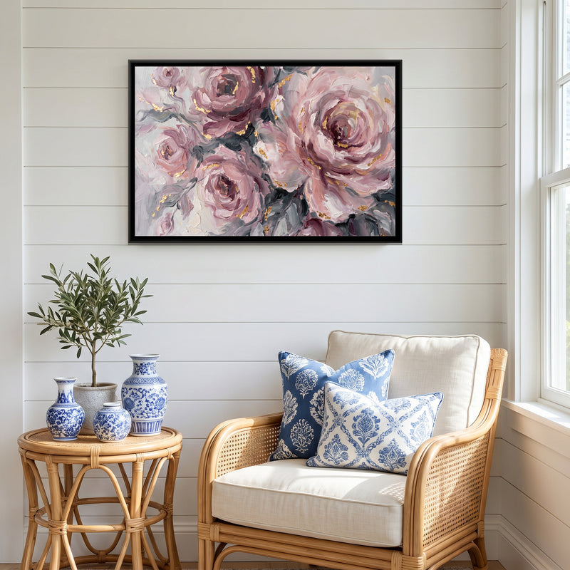 Blush Rose Bloom - canvas art shown in a styled room