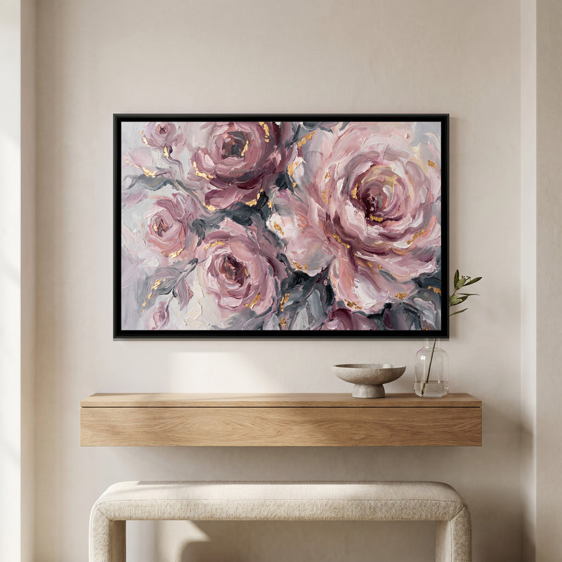 Blush Rose Bloom - canvas art shown in a second room setting