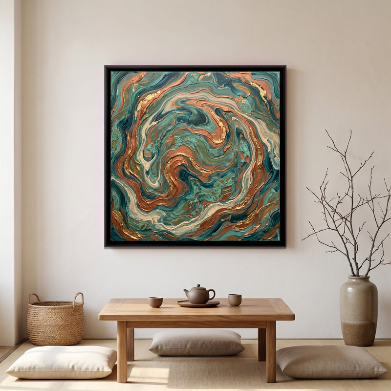 Marbled Copper and Teal - canvas art shown in a styled room