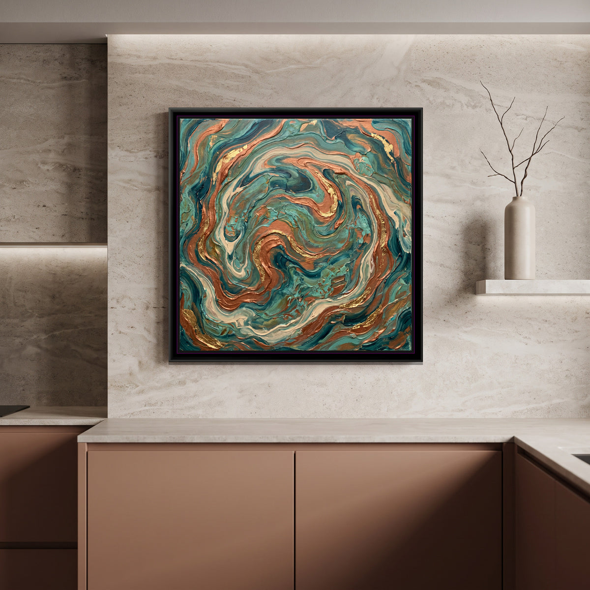 Marbled Copper and Teal - canvas art shown in a styled room
