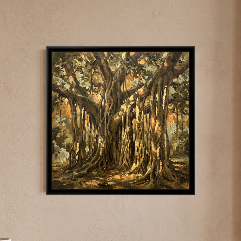 Golden Banyan Roots - framed canvas art hung on a wall