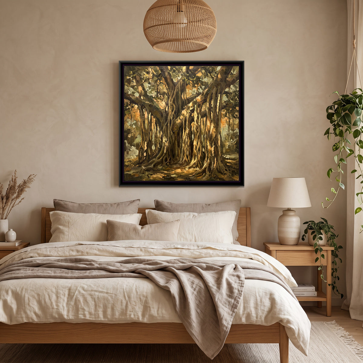 Golden Banyan Roots - canvas art shown in a styled room