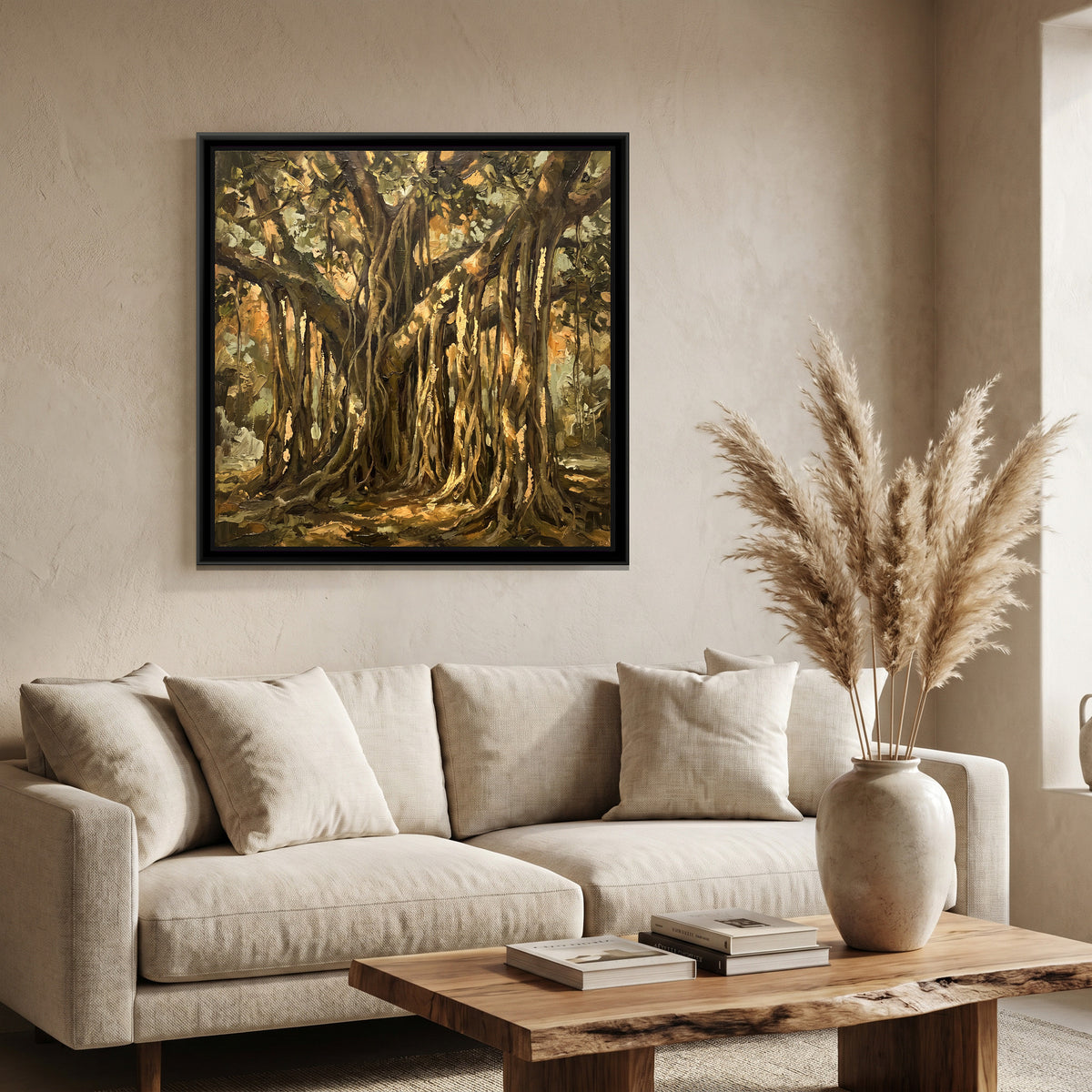 Golden Banyan Roots - canvas art shown in a second room setting