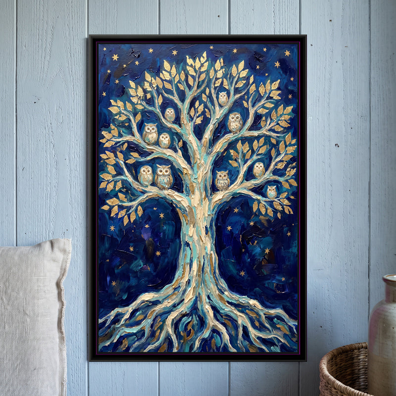 Tree of Life in Indigo Night - framed canvas art hung on a wall