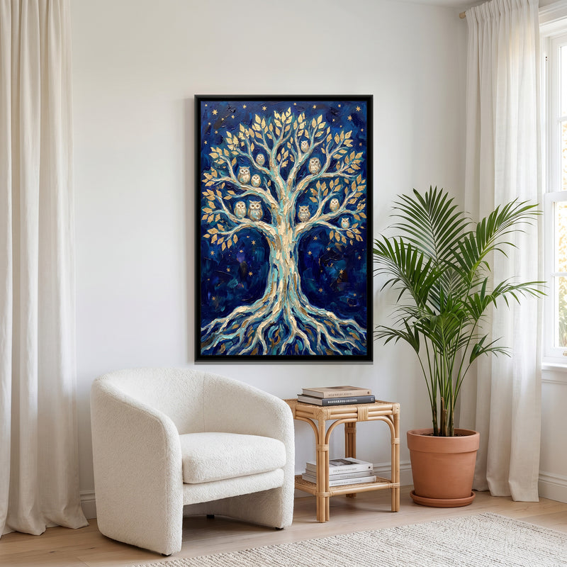 Tree of Life in Indigo Night - canvas art shown in a styled room