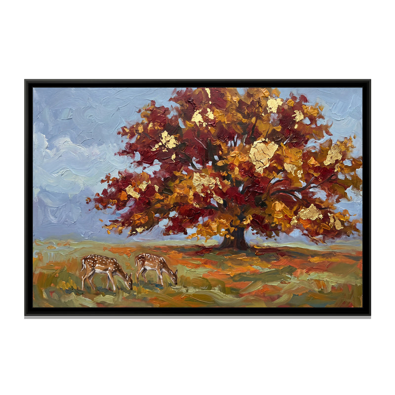 Autumn Plane Tree with Deer - framed canvas print, front view