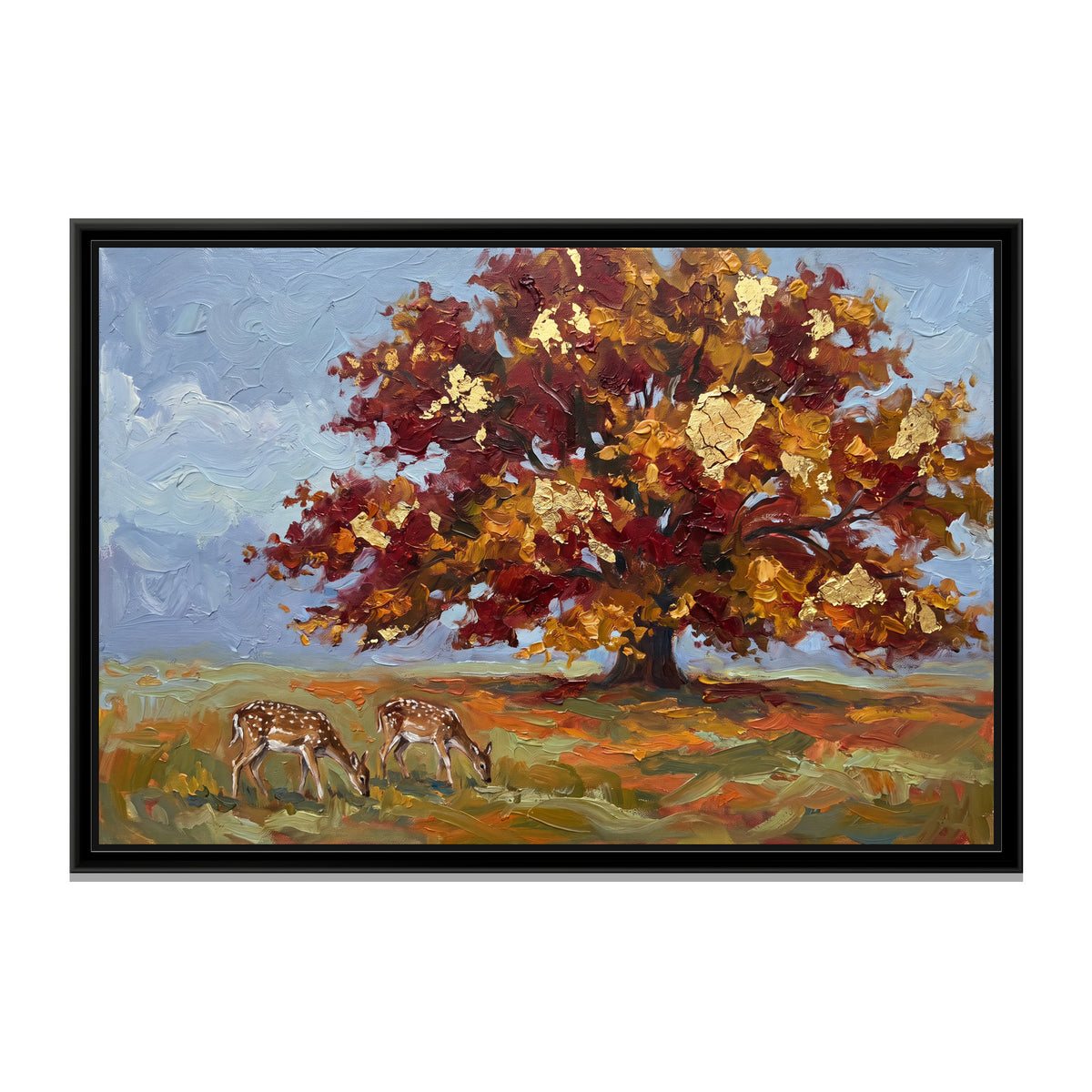Autumn Plane Tree with Deer - framed canvas print, front view
