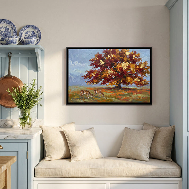 Autumn Plane Tree with Deer - canvas art shown in a styled room