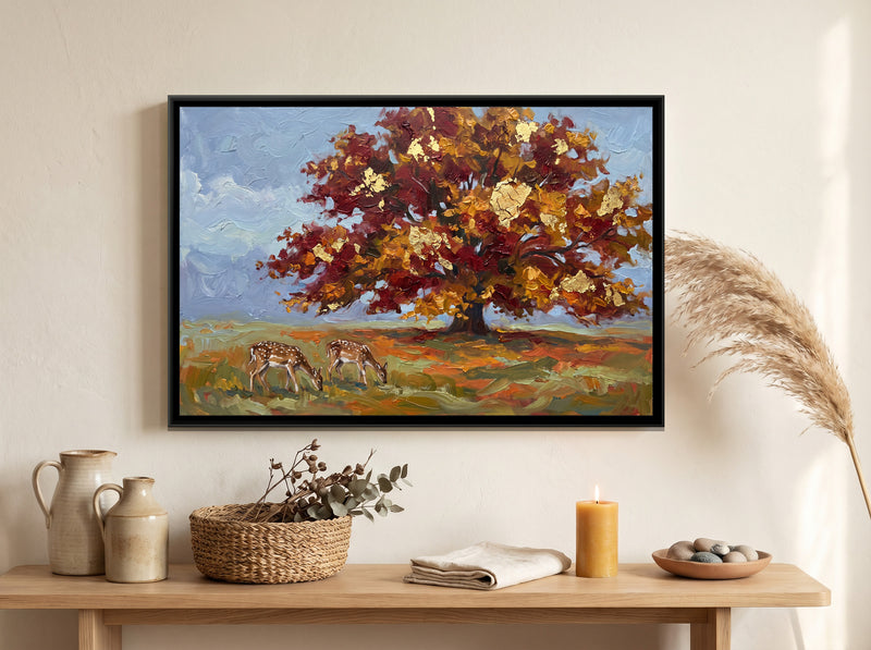 Autumn Plane Tree with Deer - canvas art shown in a second room setting