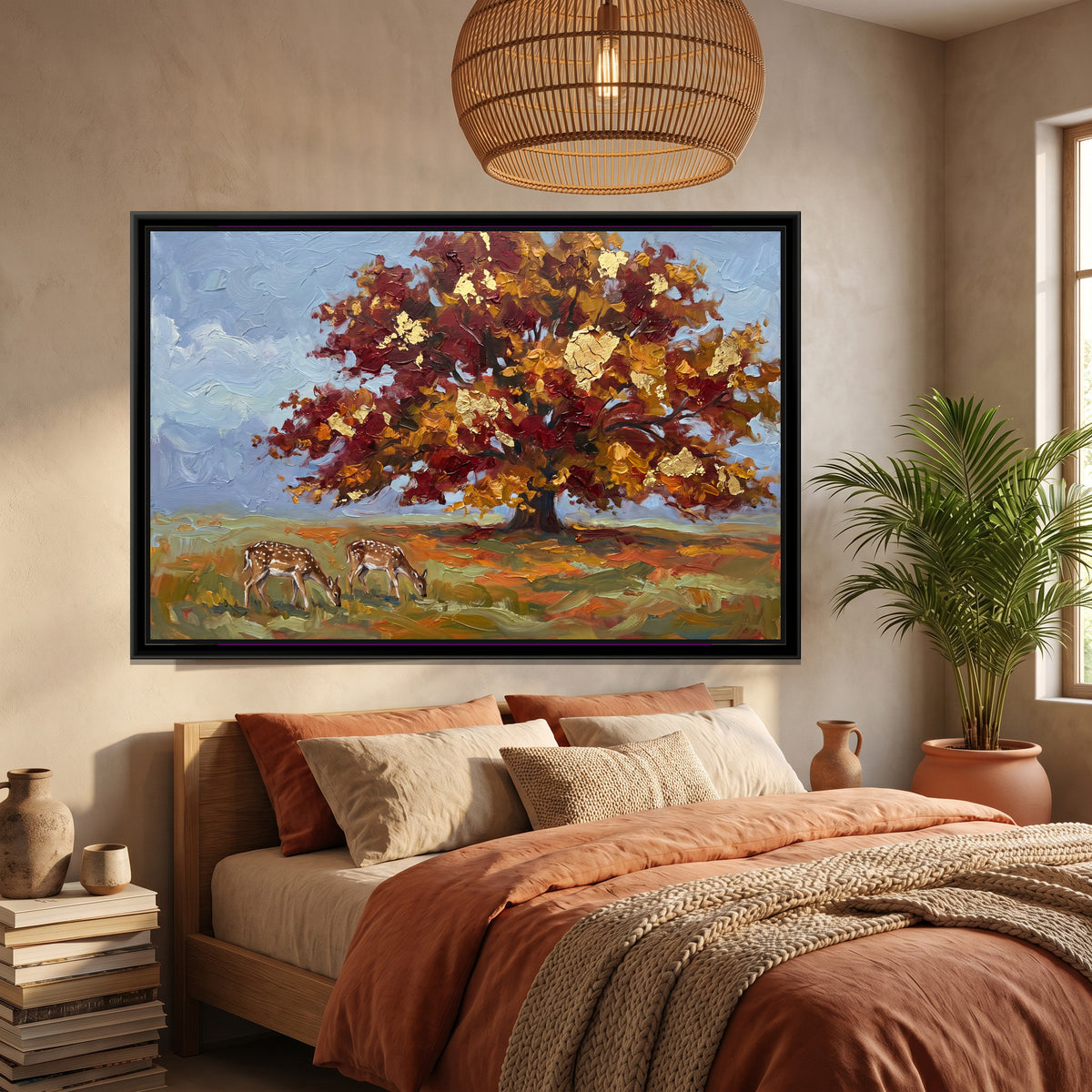 Autumn Plane Tree with Deer - canvas art shown in a second room setting