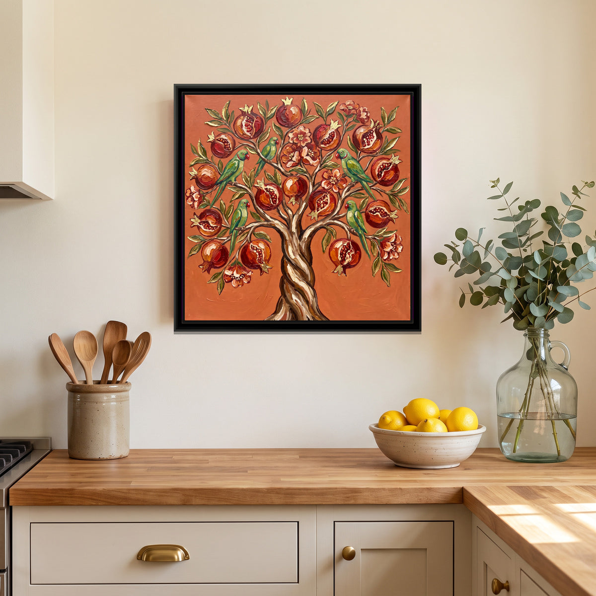 Pomegranate Tree of Life - canvas art shown in a styled room