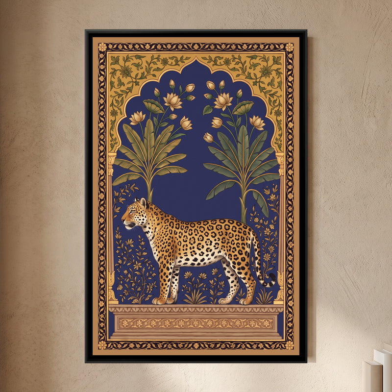 Leopard under a Lotus Arch - framed canvas art hung on a wall