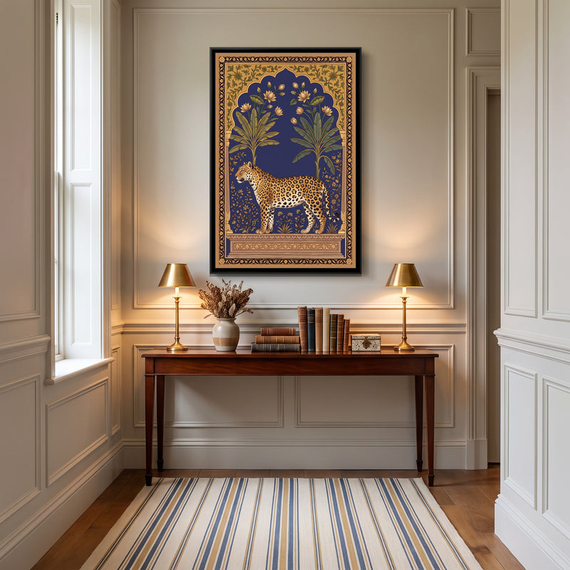 Leopard under a Lotus Arch - canvas art shown in a second room setting